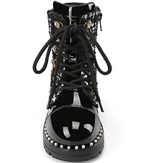 Kurt Geiger London Girls' Studded Patent and Sequin Embellished Tweed Chain Hardware Combat Boots (Toddler)