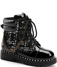 Kurt Geiger London Girls' Studded Patent and Sequin Embellished Tweed Chain Hardware Combat Boots (Youth)