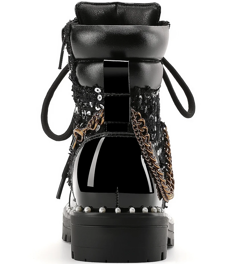 Kurt Geiger London Girls' Studded Patent and Sequin Embellished Tweed Chain Hardware Combat Boots (Youth)