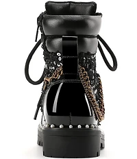 Kurt Geiger London Girls' Studded Patent and Sequin Embellished Tweed Chain Hardware Combat Boots (Youth)