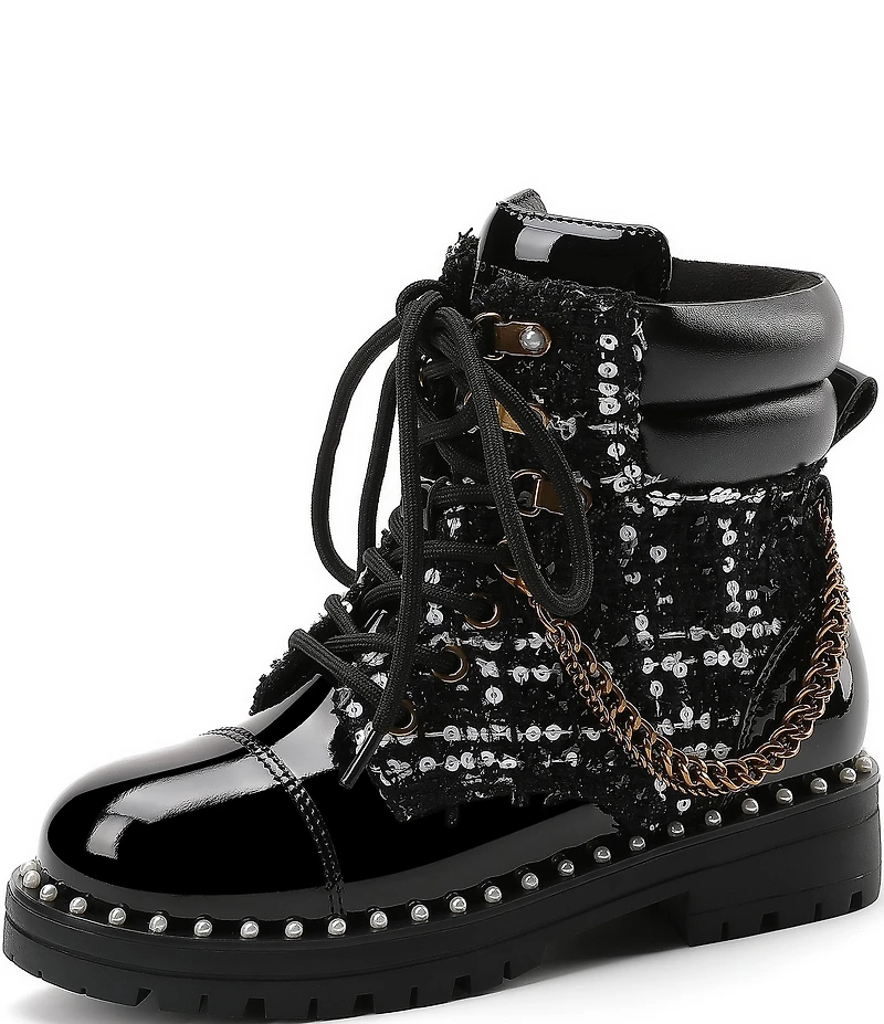 Kurt Geiger London Girls' Studded Patent and Sequin Embellished Tweed Chain Hardware Combat Boots (Youth)