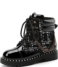 Kurt Geiger London Girls' Studded Patent and Sequin Embellished Tweed Chain Hardware Combat Boots (Youth)