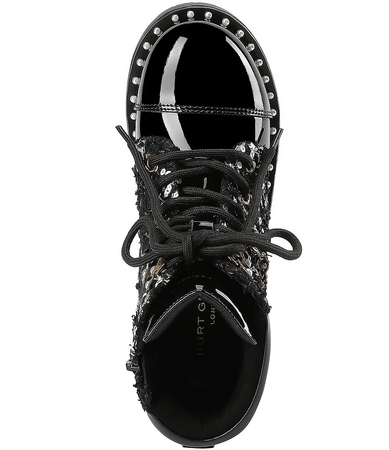 Kurt Geiger London Girls' Studded Patent and Sequin Embellished Tweed Chain Hardware Combat Boots (Youth)