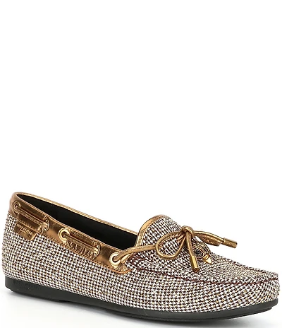 Kurt Geiger London Crystal Embellished Houndstooth Logo Ornament Bow Detail Moccasin Loafers