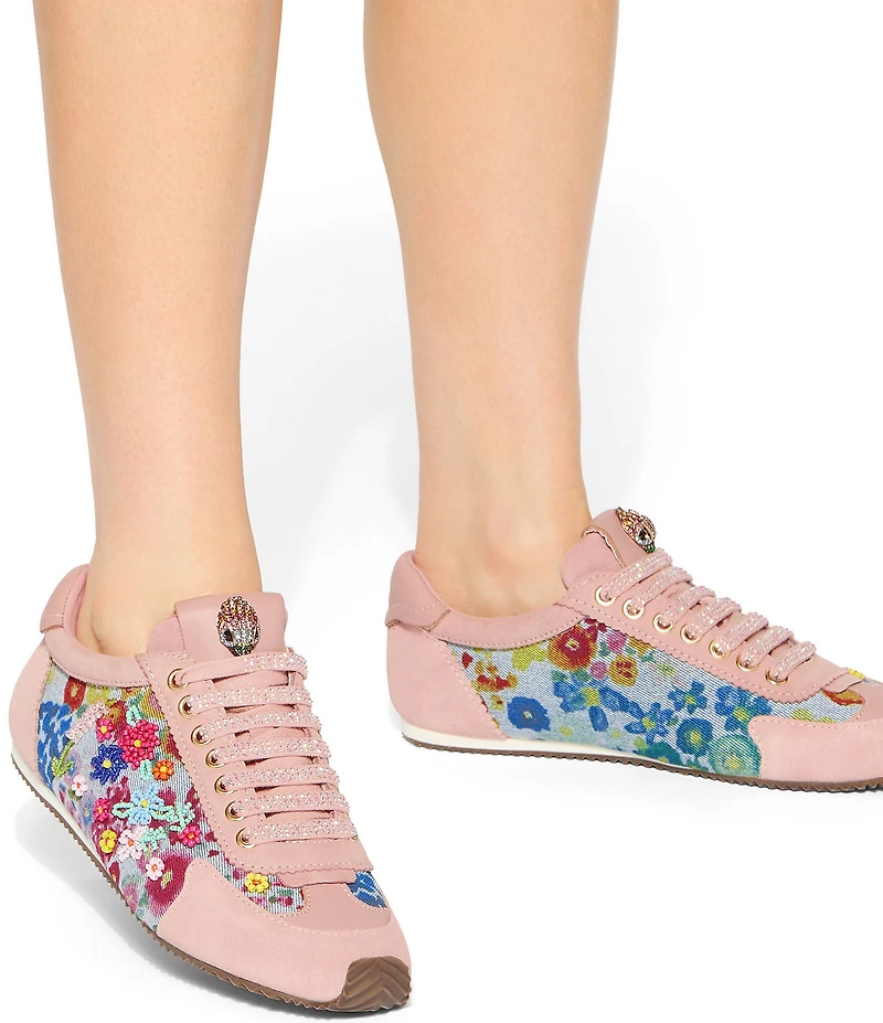 Kurt Geiger London Islington Floral Embroidered Denim Suede Sneakers