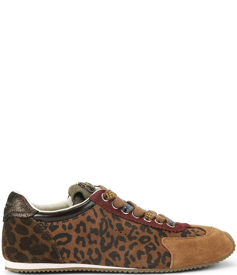 Kurt Geiger London Islington Leopard Print Suede Crystal Embellished Lace Logo Ornament Sneakers