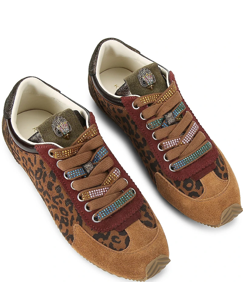 Kurt Geiger London Islington Leopard Print Suede Crystal Embellished Lace Logo Ornament Sneakers