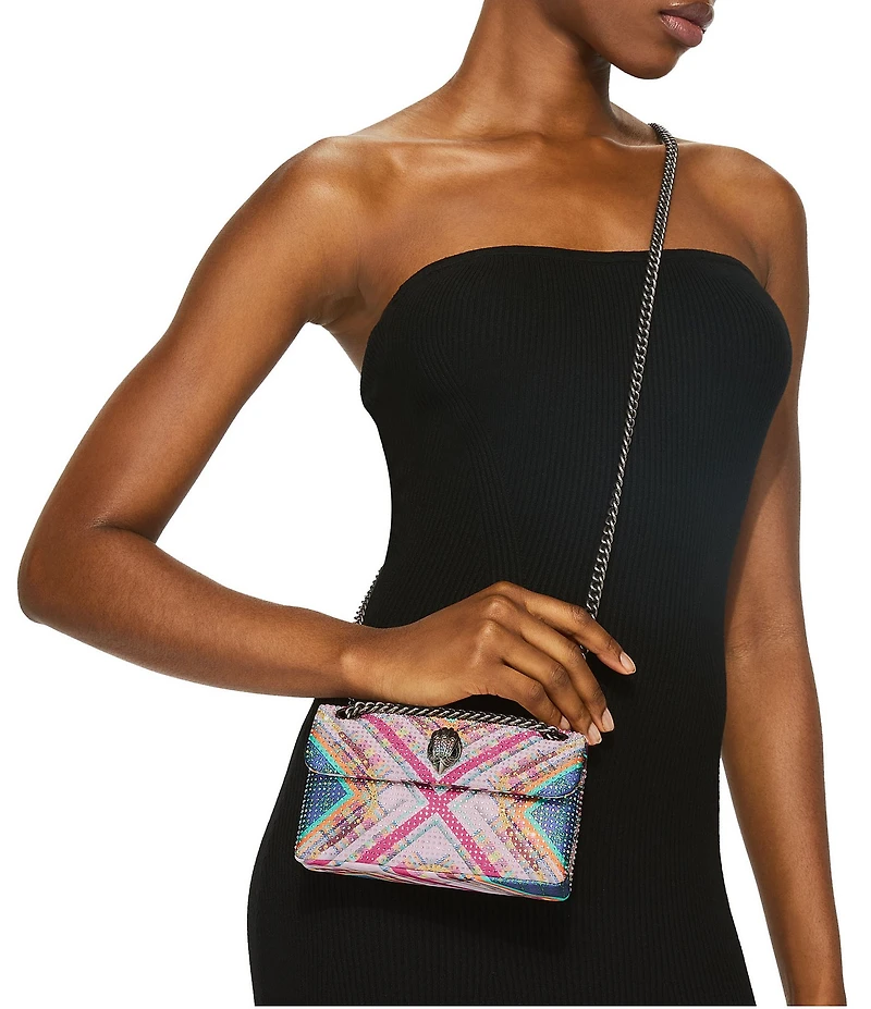 Kurt Geiger London Kensington 17 Pink Tartan Fabric Embellished Crossbody Bag