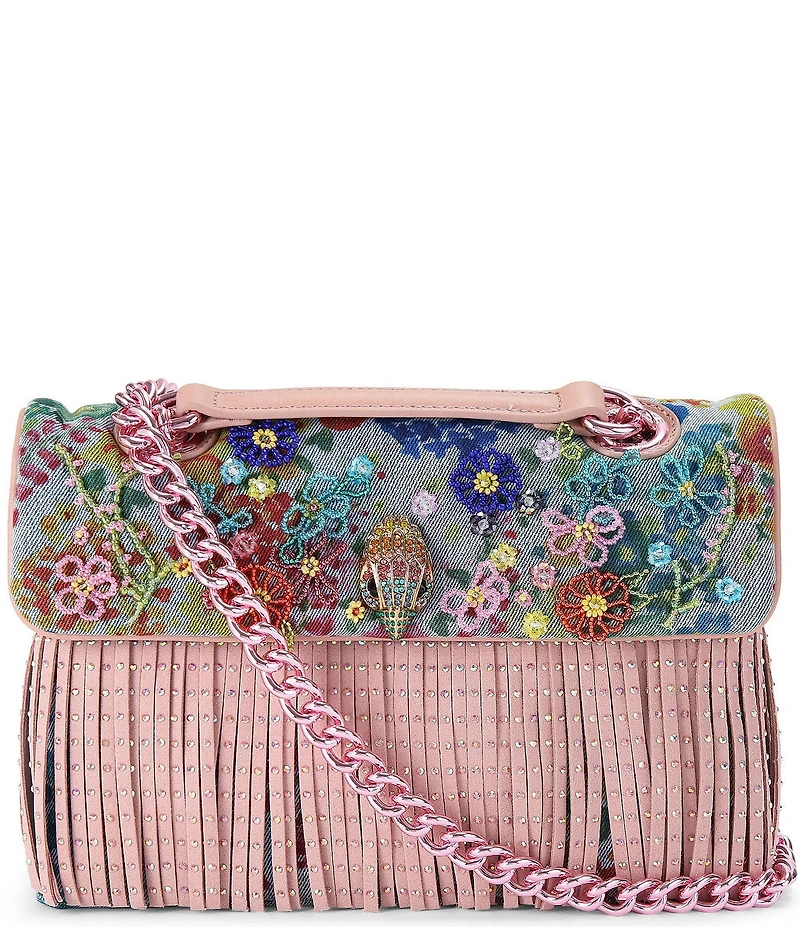Kurt Geiger London Kensington Beaded Floral Denim Fringe Shoulder Bag