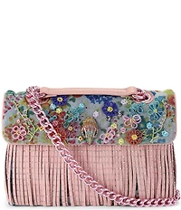 Kurt Geiger London Kensington Beaded Floral Denim Fringe Shoulder Bag