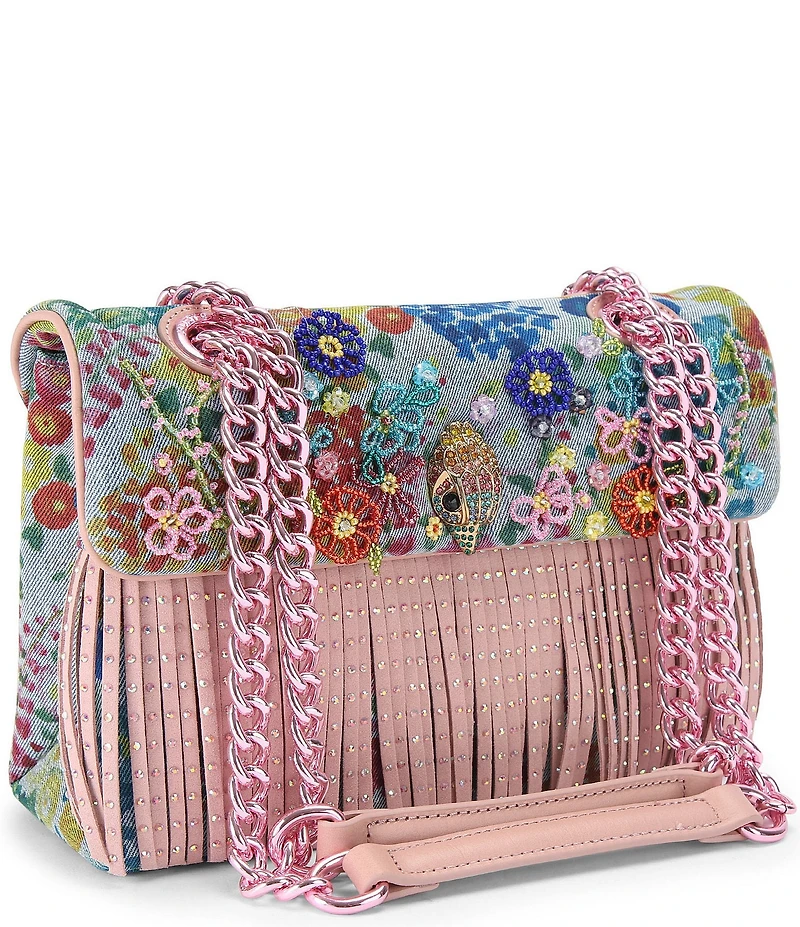 Kurt Geiger London Kensington Beaded Floral Denim Fringe Shoulder Bag