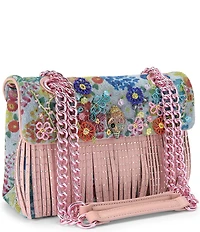 Kurt Geiger London Kensington Beaded Floral Denim Fringe Shoulder Bag