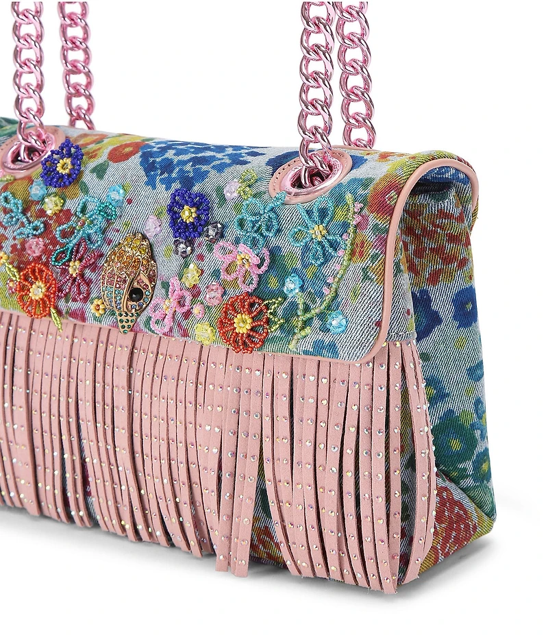 Kurt Geiger London Kensington Beaded Floral Denim Fringe Shoulder Bag