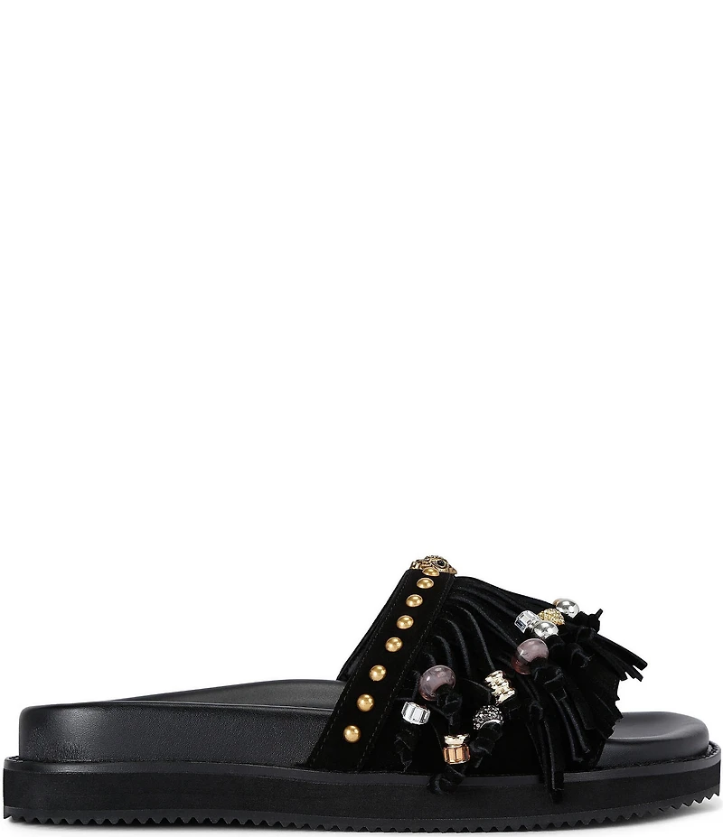 Kurt Geiger London Kensington Studded Suede Beaded Fringe Slide Sandals