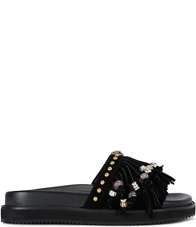 Kurt Geiger London Kensington Studded Suede Beaded Fringe Slide Sandals