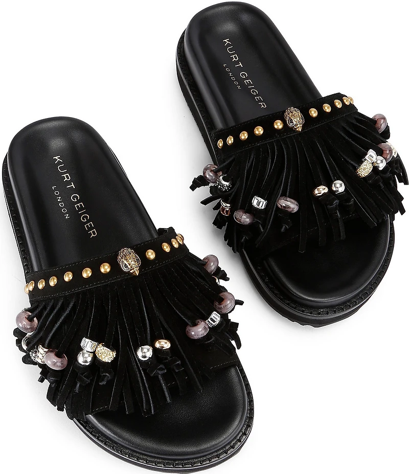 Kurt Geiger London Kensington Studded Suede Beaded Fringe Slide Sandals