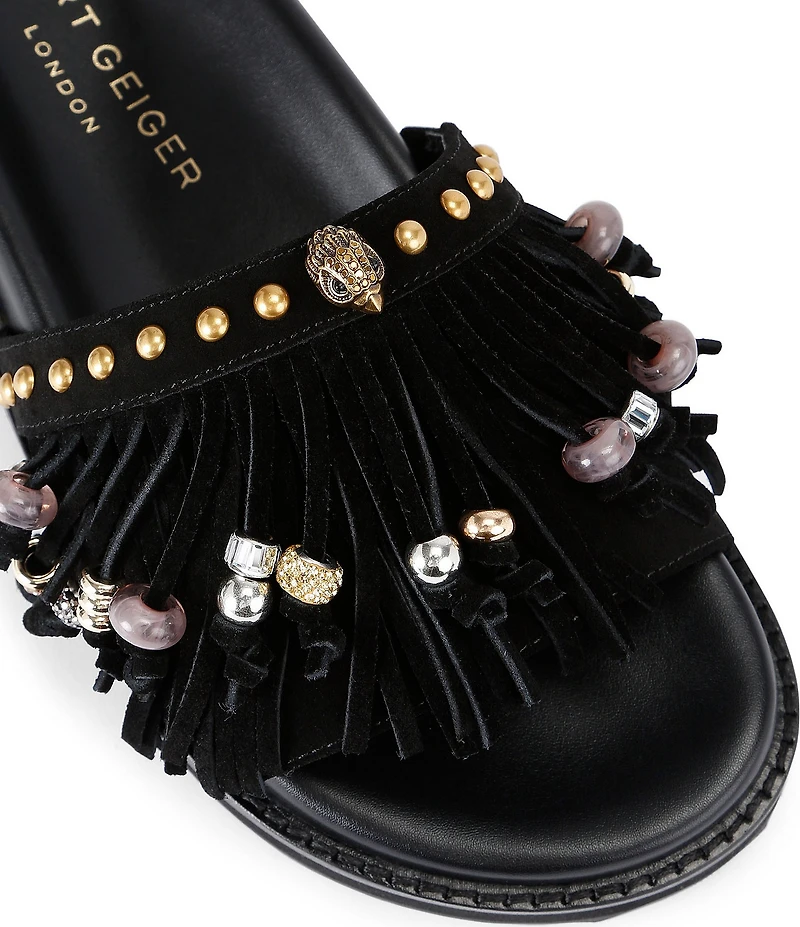 Kurt Geiger London Kensington Studded Suede Beaded Fringe Slide Sandals