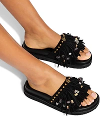 Kurt Geiger London Kensington Studded Suede Beaded Fringe Slide Sandals
