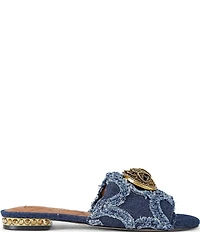 Kurt Geiger London Kensington Denim Floral Detail Logo Studded Flat Slide Sandals