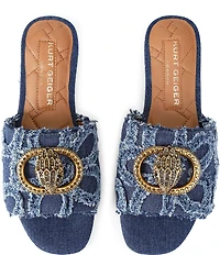 Kurt Geiger London Kensington Denim Floral Detail Logo Studded Flat Slide Sandals