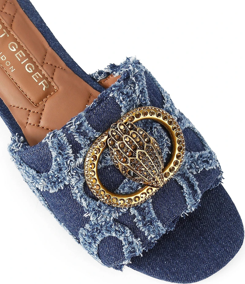 Kurt Geiger London Kensington Denim Floral Detail Logo Studded Flat Slide Sandals