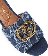 Kurt Geiger London Kensington Denim Floral Detail Logo Studded Flat Slide Sandals