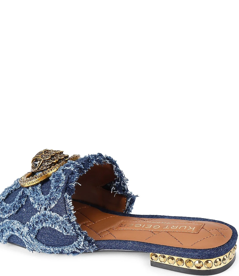 Kurt Geiger London Kensington Denim Floral Detail Logo Studded Flat Slide Sandals