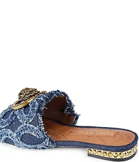 Kurt Geiger London Kensington Denim Floral Detail Logo Studded Flat Slide Sandals