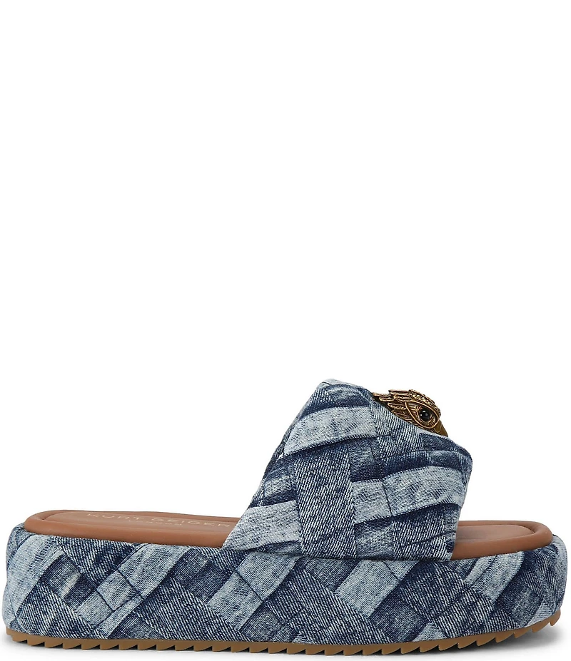 Kurt Geiger London Kensington Quilted Denim Patchwork Logo Ornament Platform Slide Sandals