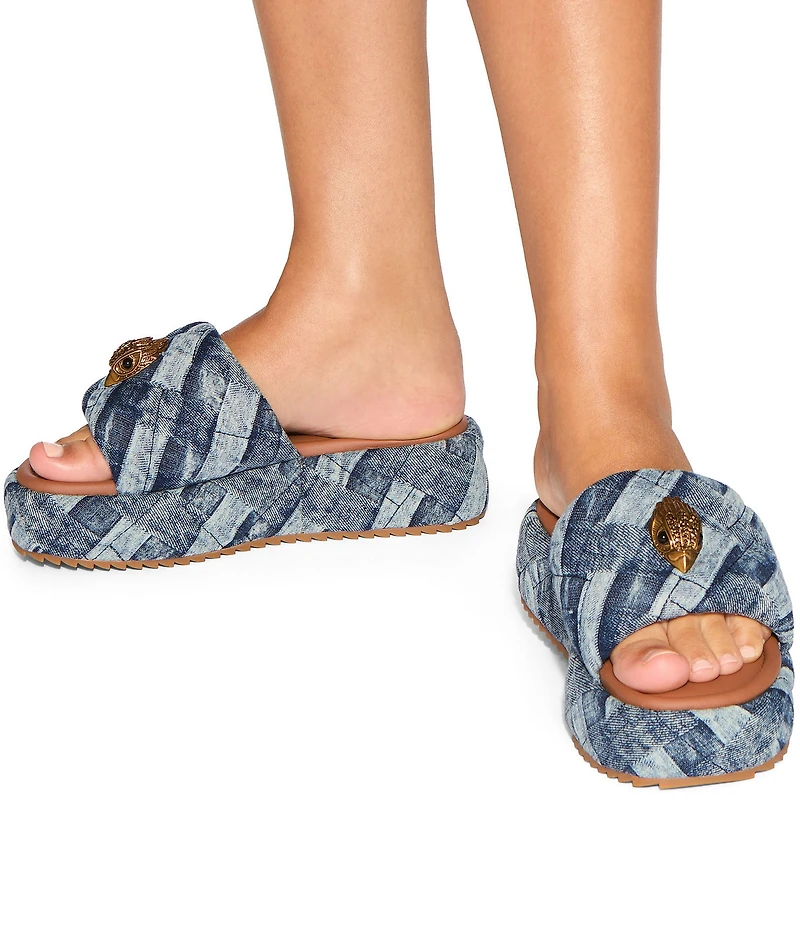 Kurt Geiger London Kensington Quilted Denim Patchwork Logo Ornament Platform Slide Sandals