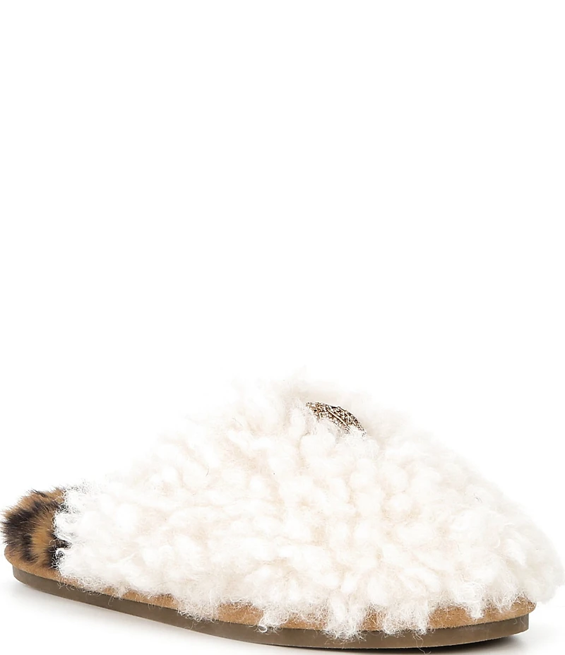 Kurt Geiger London Kensington Faux Shearling Leopard Footbed Logo Ornament Slippers