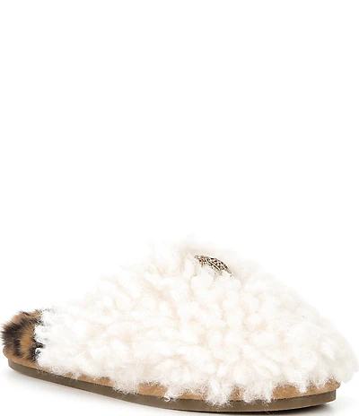 Kurt Geiger London Kensington Faux Shearling Leopard Footbed Logo Ornament Slippers