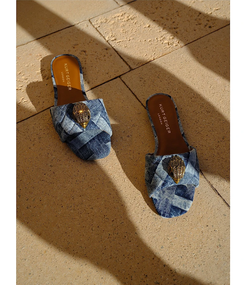 Kurt Geiger London Kensington Denim Patchwork Logo Ornament Slide Sandals