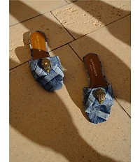 Kurt Geiger London Kensington Denim Patchwork Logo Ornament Slide Sandals