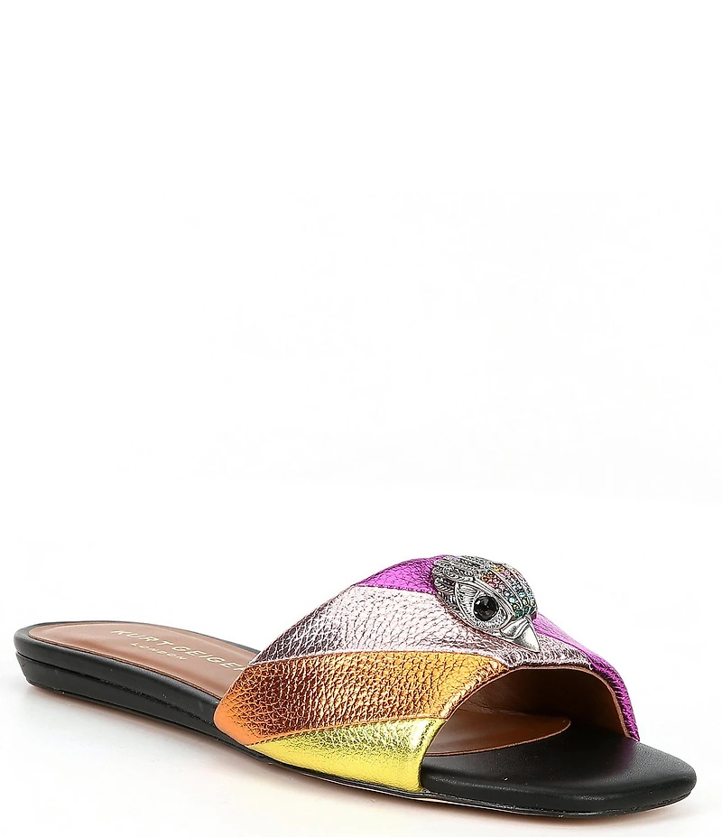 Kurt Geiger London Kensington Metallic Rainbow Leather Logo Ornament Slide Sandals