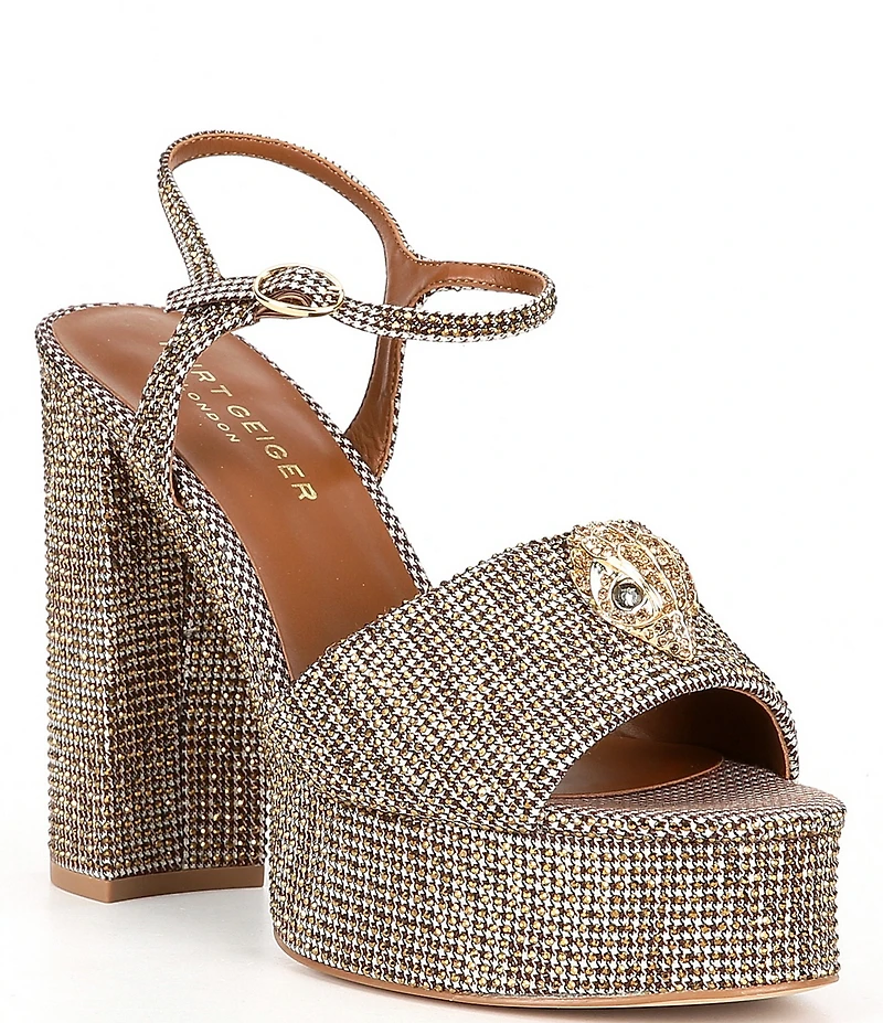 Kurt Geiger London Kensington Crystal Embellished Houndstooth Logo Ornament Platform Sandals