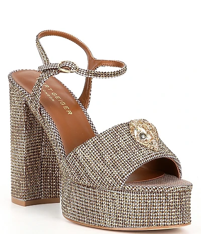 Kurt Geiger London Kensington Crystal Embellished Houndstooth Logo Ornament Platform Sandals