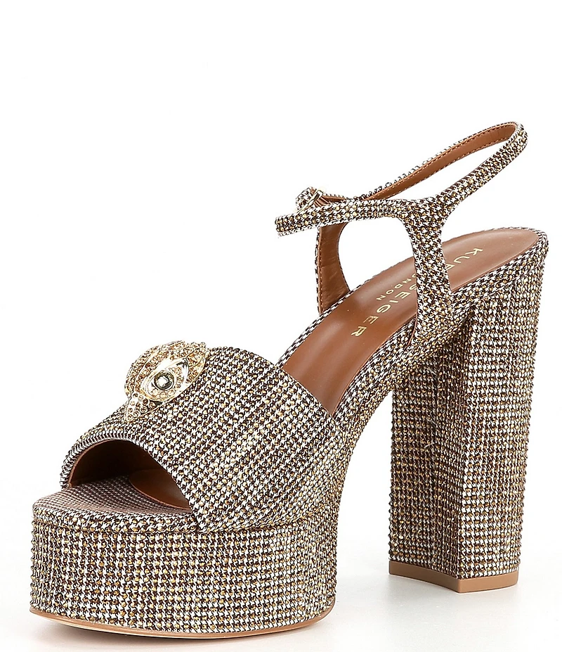 Kurt Geiger London Kensington Crystal Embellished Houndstooth Logo Ornament Platform Sandals