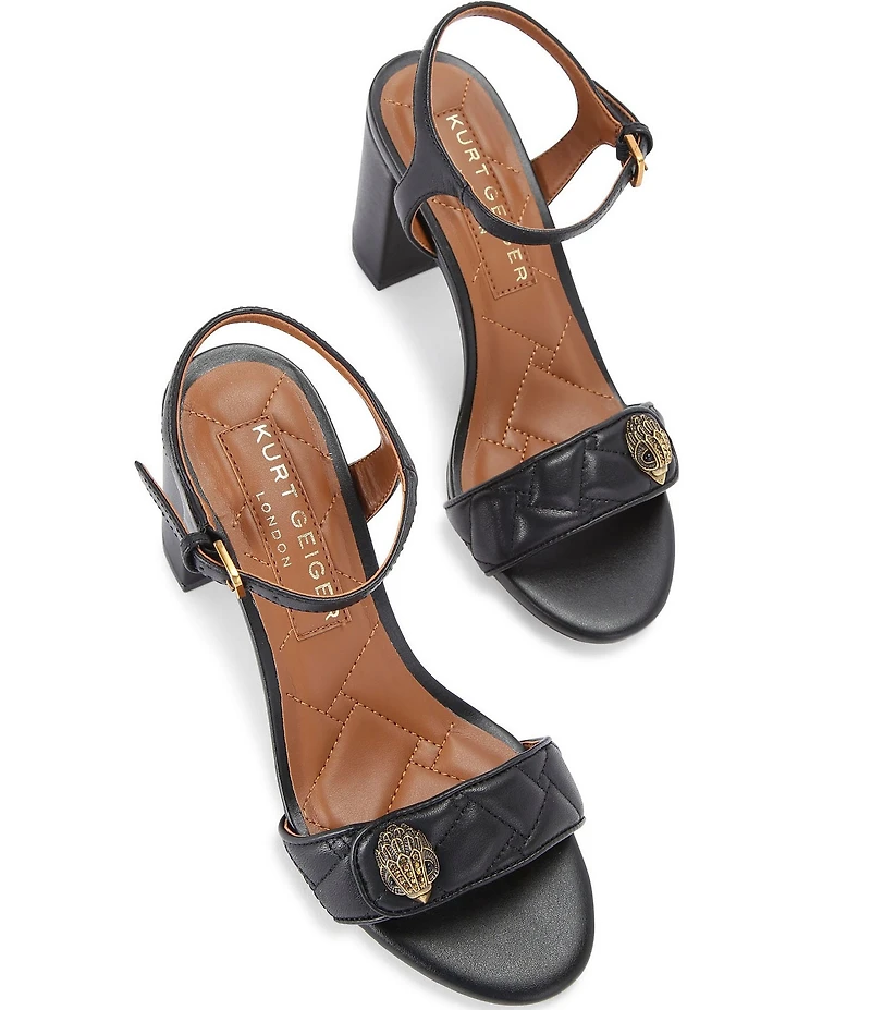 Kurt Geiger London Kensington Langley Quilted Leather Logo Ornament Block Heel Dress Sandals