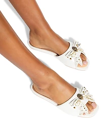 Kurt Geiger London Kensington Leather Studded Embellished Bow Flat Slide Sandals