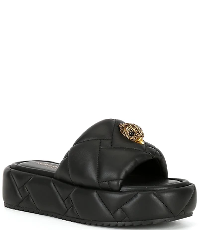 Kurt Geiger London Kensington Leather Quilted Logo Ornament Puff Platform Slide Sandals