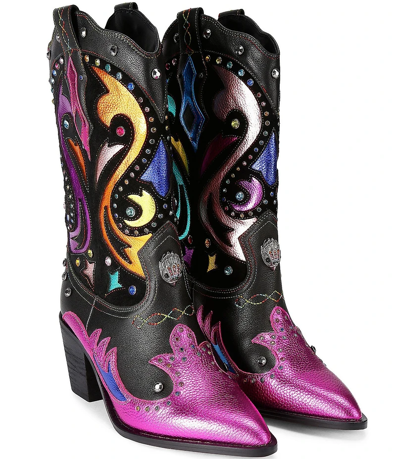 Kurt Geiger London Kensington Leather Studded Logo Ornament Cowboy Boots