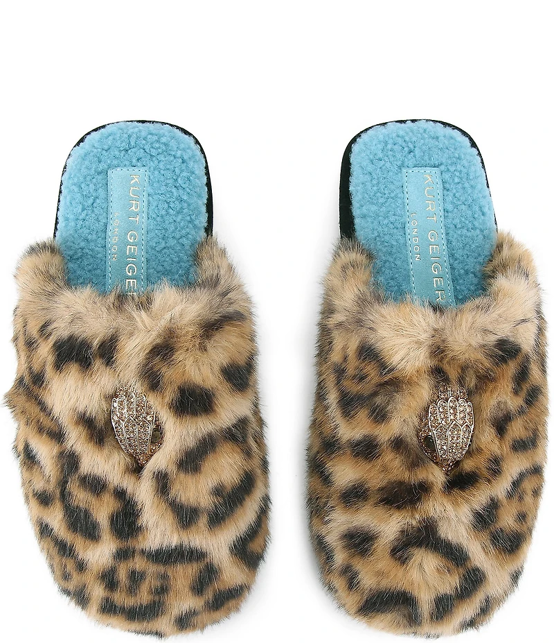 Kurt Geiger London Kensington Leopard Faux Shearling Logo Ornament Slippers