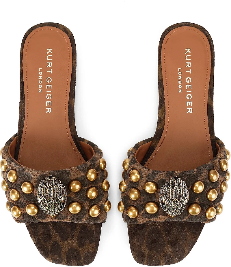 Kurt Geiger London Kensington Leopard Suede Studded Logo Ornament Slide Sandals