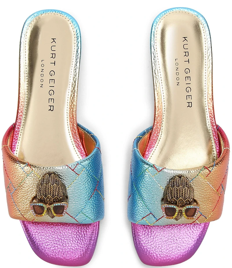 Kurt Geiger London Kensington Metallic Rainbow Quilted Leather Logo Ornament Slide Sandals