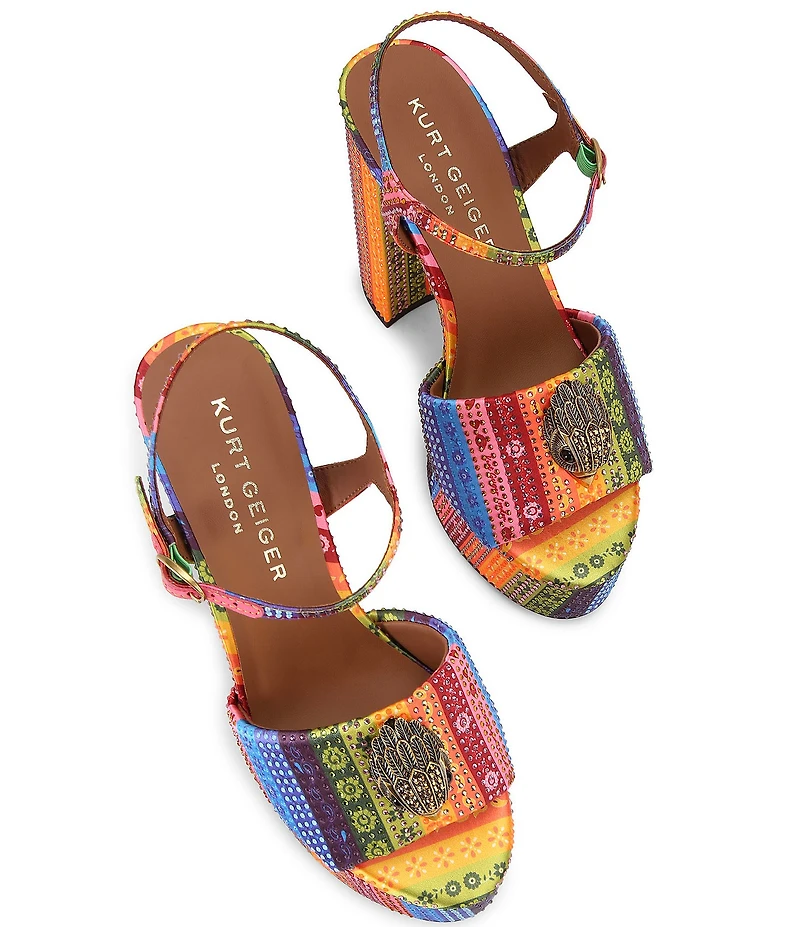 Kurt Geiger London Kensington Crystal Embellished Mixed Media Logo Ornament Platform Sandals