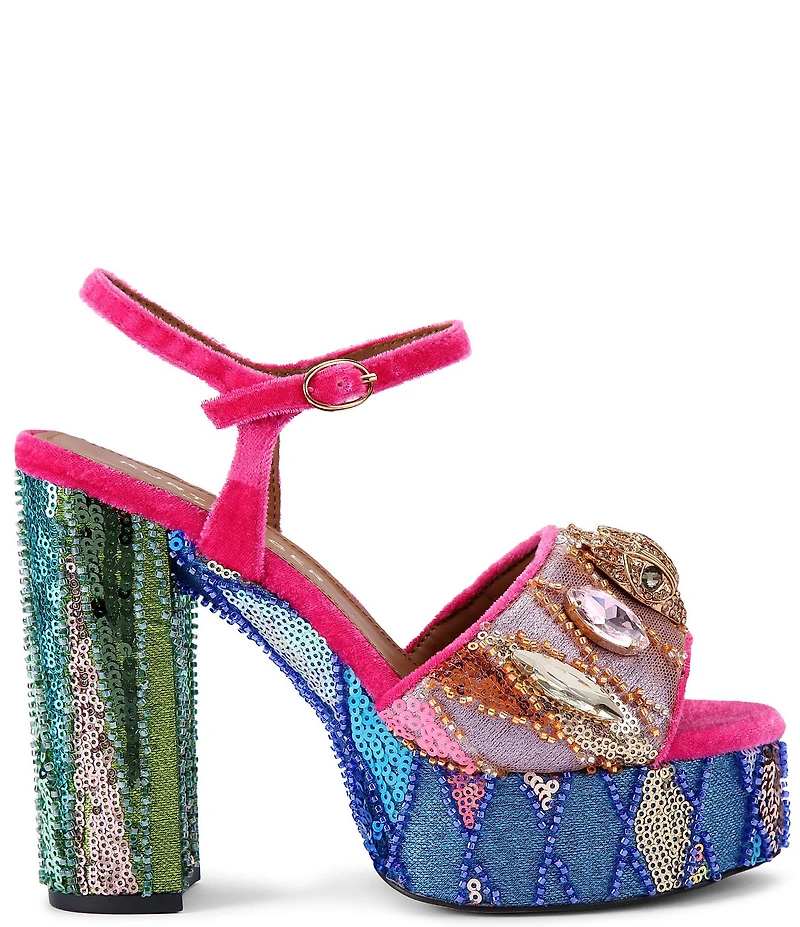 Kurt Geiger London Kensington Multi Sequin Embellished Logo and Jewel Ornament High Heel Platform Sandals