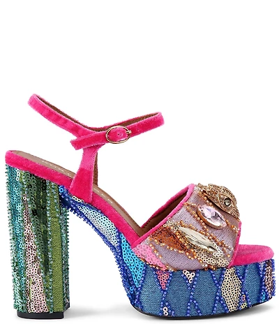 Kurt Geiger London Kensington Multi Sequin Embellished Logo and Jewel Ornament High Heel Platform Sandals