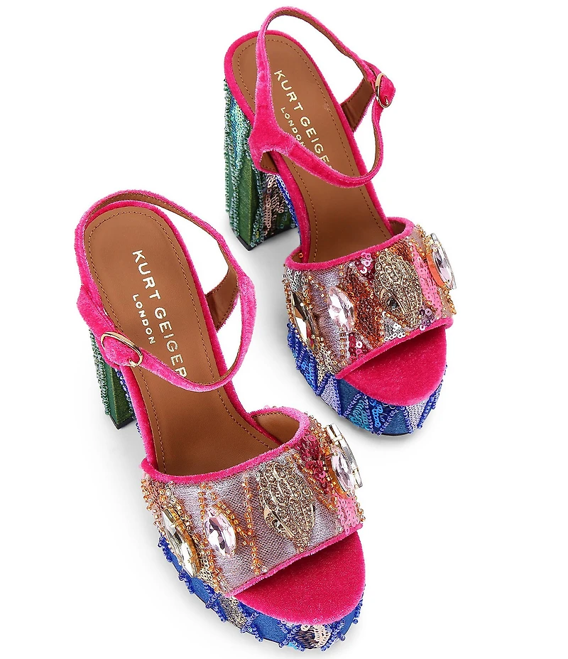 Kurt Geiger London Kensington Multi Sequin Embellished Logo and Jewel Ornament High Heel Platform Sandals