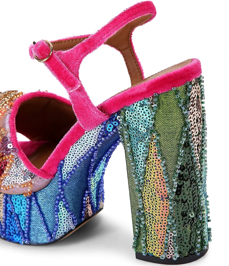 Kurt Geiger London Kensington Multi Sequin Embellished Logo and Jewel Ornament High Heel Platform Sandals